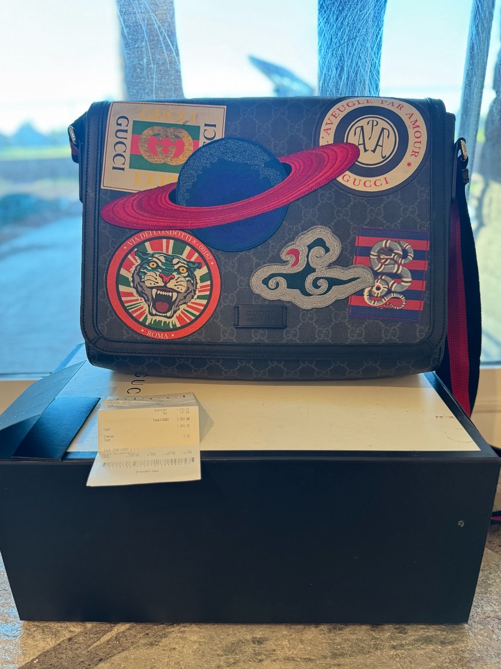 Gucci Navy GG Supreme Messenger Bag with Multicolor Planet & Patch Accents